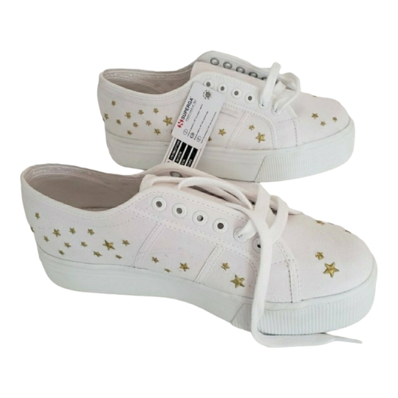 NWT Superga Cotu 2790 Embroidered Gold Star Platform Sneaker White Sz 10 Euro 41 - Picture 2 of 13